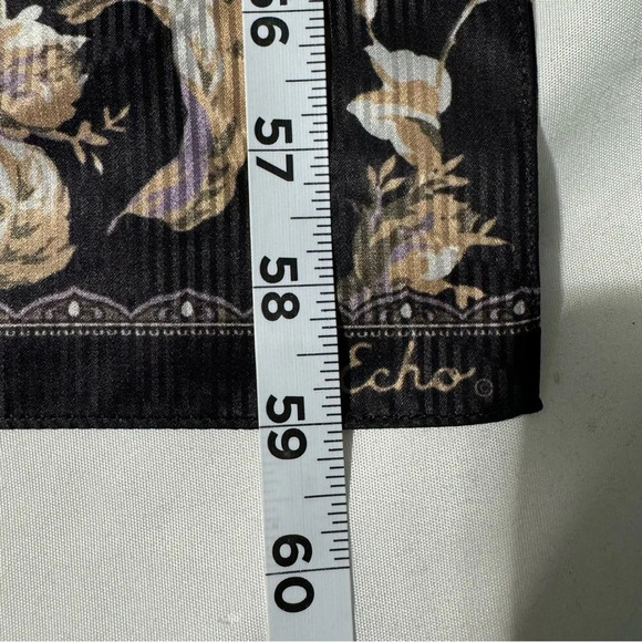 Vintage Echo Silk Scarf Black with Beige Tan and Purple Flowers 59” by 10” - Picture 6 of 7
